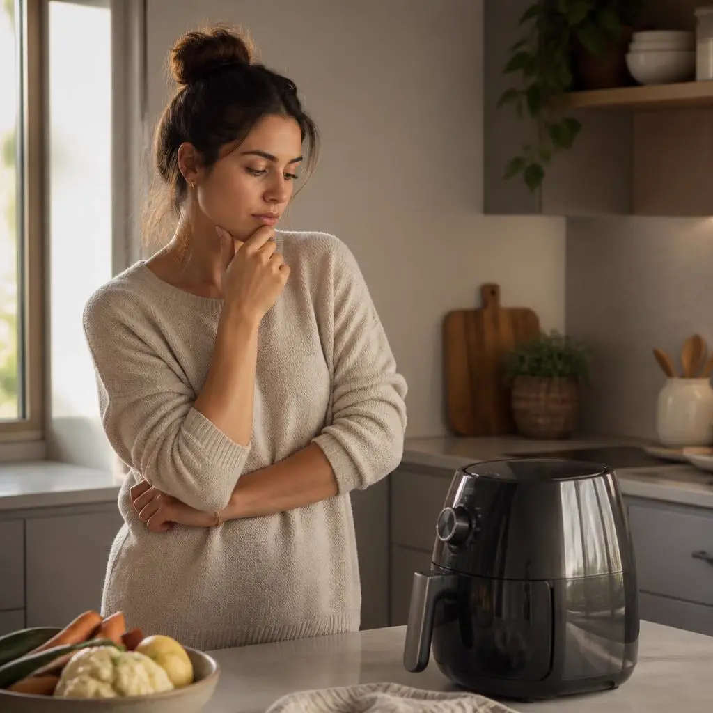 Pessoa pensativa na cozinha em frente à Air Fryer, sem saber o que preparar