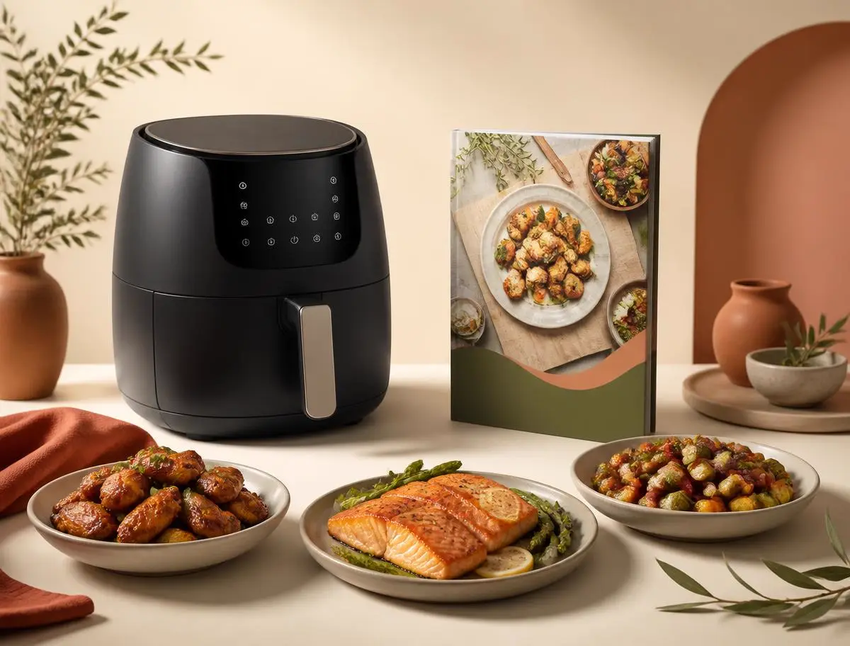 Air Fryer ao lado da capa do guia e três pratos preparados