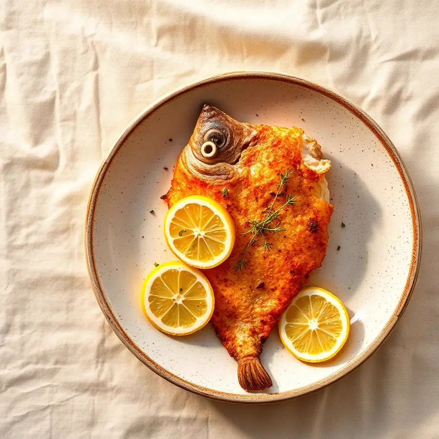 Filé de peixe dourado e crocante feito na Air Fryer com rodelas de limão
