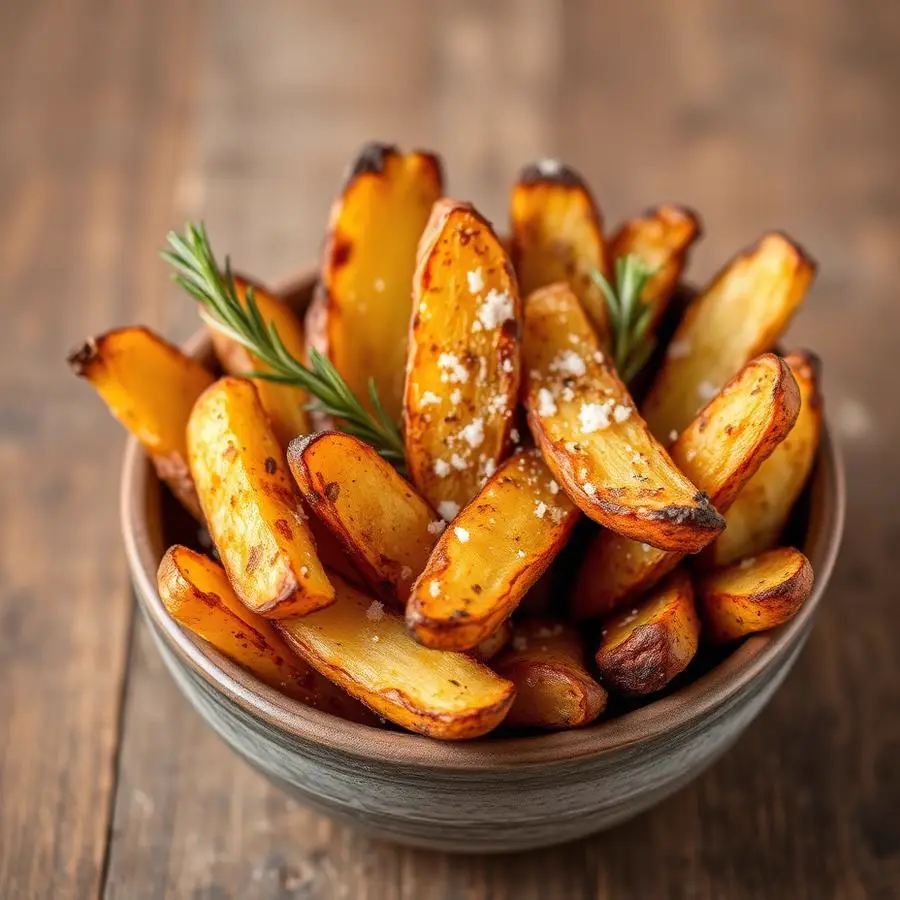 Batatas rústicas douradas com alecrim como acompanhamento