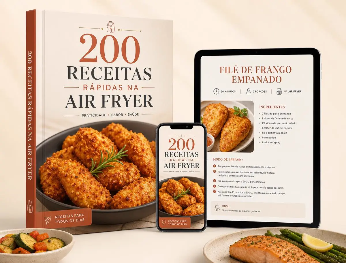 Mockup do guia 200 Receitas Rápidas na Air Fryer na capa, no celular e no tablet